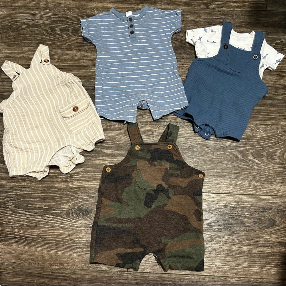 Baby Romper/Overall Bundle in Blue, Beige, and Camouflage